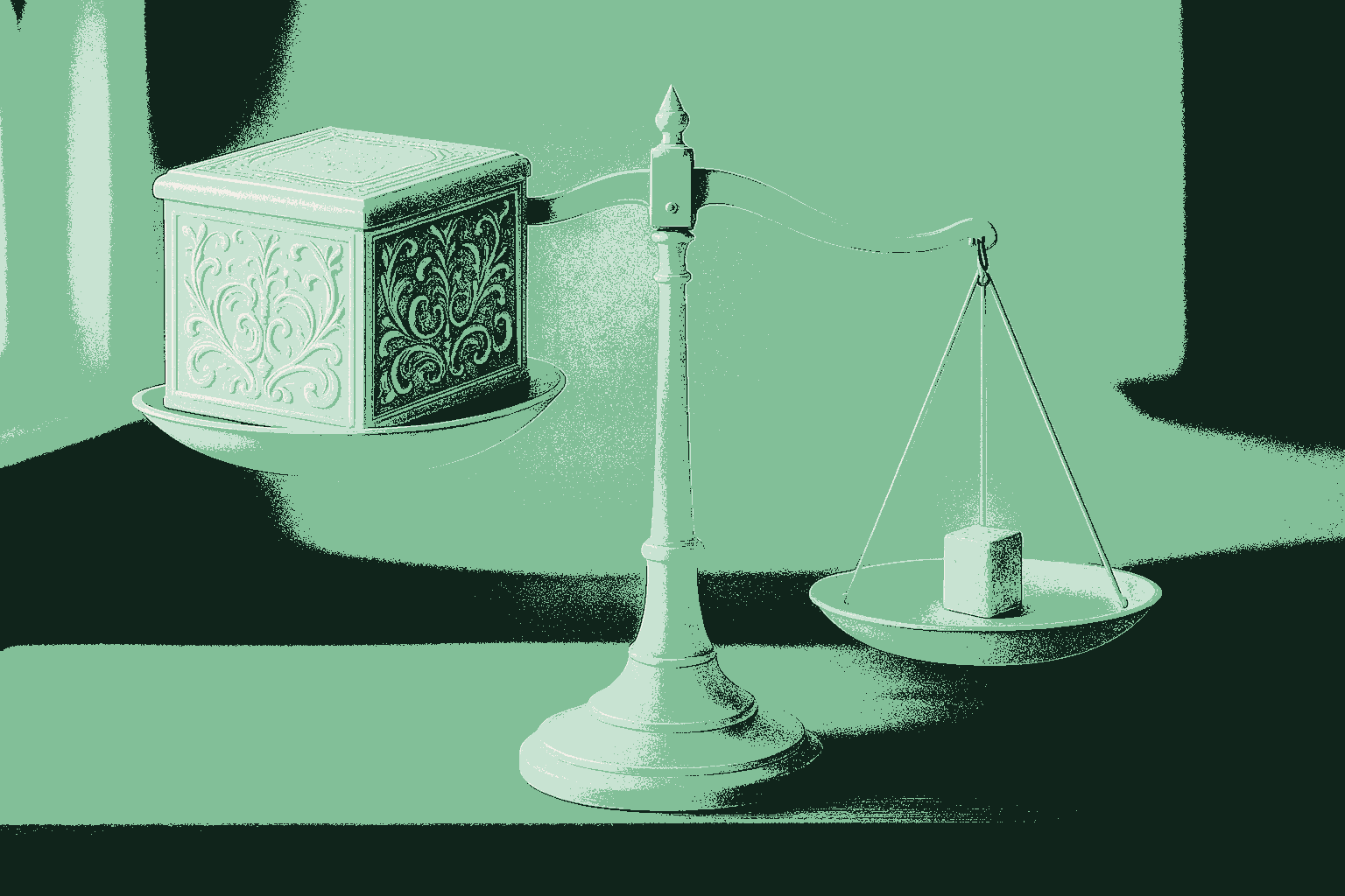 A classic two-pan balance scale on a warmly lit desk, one pan holding a large ornate glossy box that looks impressive, the other pan holding a single small plain object that is clearly heavier and tips the scale down toward it, rendered in muted warm cream against a deep forest green room with the plain useful side catching an accent sage green glow. Impressive versus useful: the flashy demonstration weighed against what actually helps.