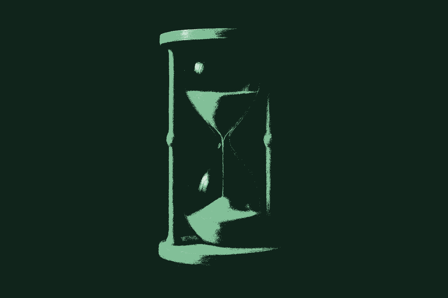 A single classic hourglass standing on a plain surface, sand streaming from the top bulb to the bottom, rendered in muted warm cream glass and sand against a deep forest green background, the falling sand catching sage green. Time as the agent's scarcest asset.
