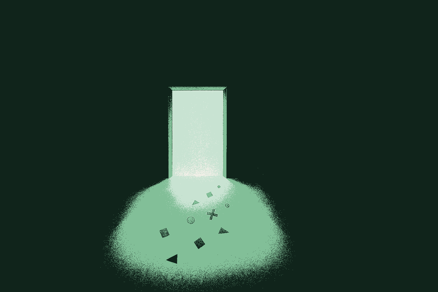A single doorway of warm light at the end of a plain corridor, with faint playful shapes fading on the near side, suggesting a technology stepping out of a toy phase and into a serious room.