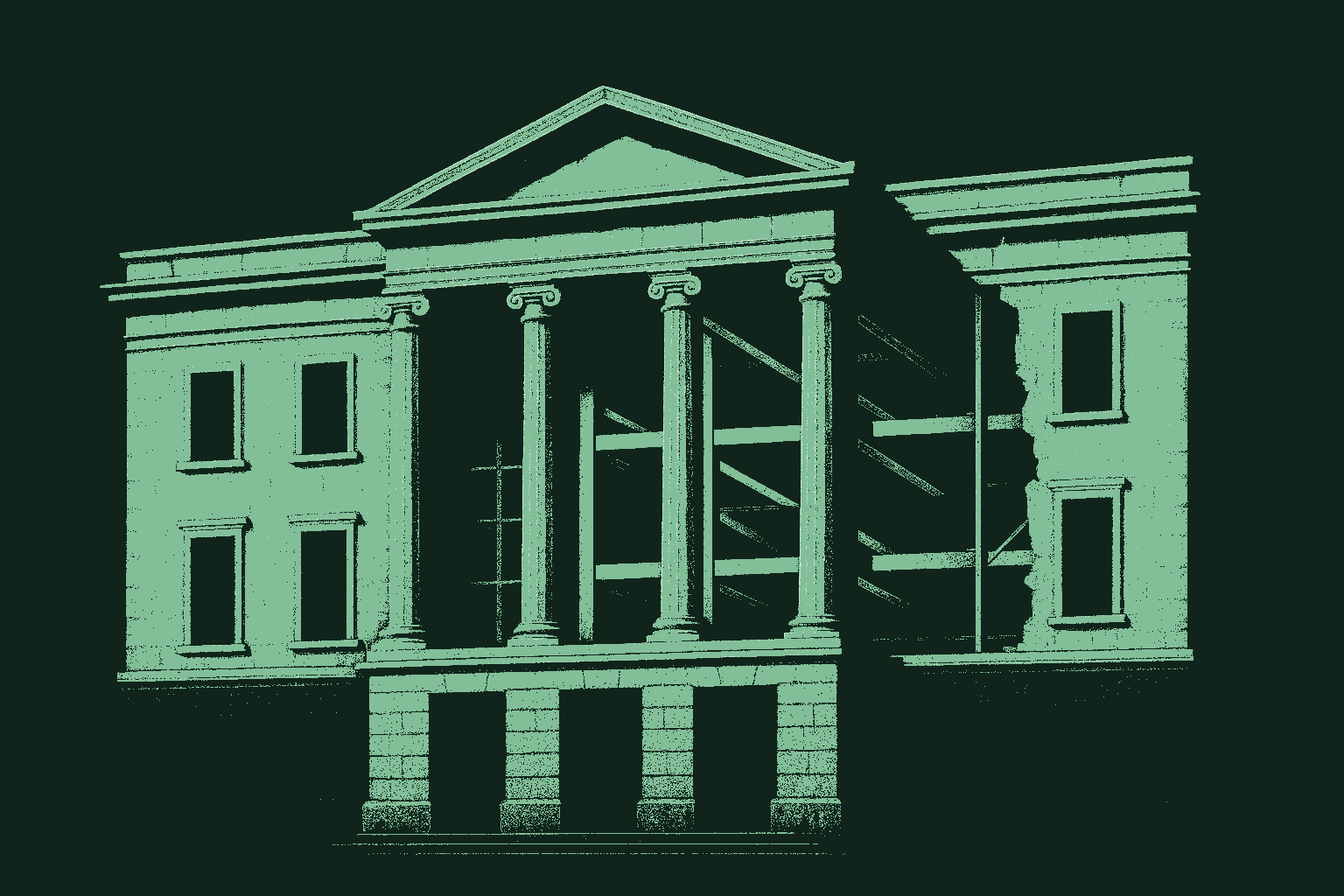 A large, old institutional building with stone columns rendered in muted warm cream against a deep forest green background, its interior visibly reframed and rebuilt from the inside, scaffolding and new structural beams catching sage green light while the historic facade stays standing, evoking an established institution rebuilding its internal structure while keeping its foundation.