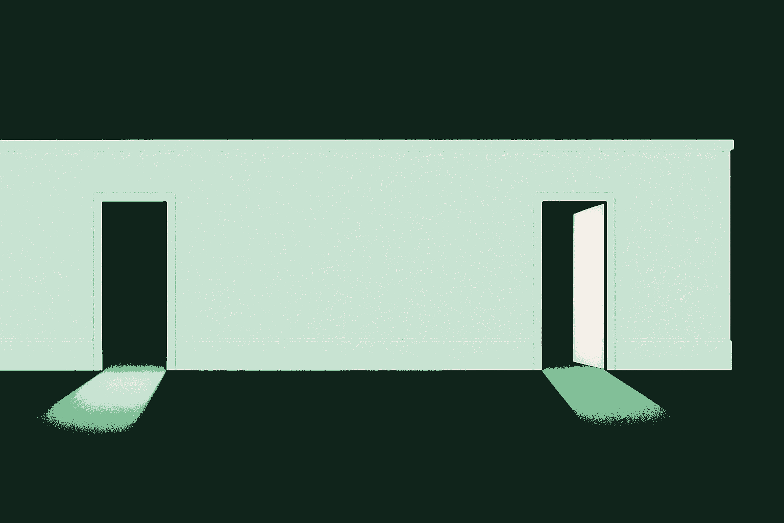 Editorial illustration of a long forest-green wall with two narrow doorways set into it, the left doorway already passed through and dark, the right doorway just opening with warm cream light spilling out across the floor, evoking the public-markets door that the people building the future keep choosing to walk through