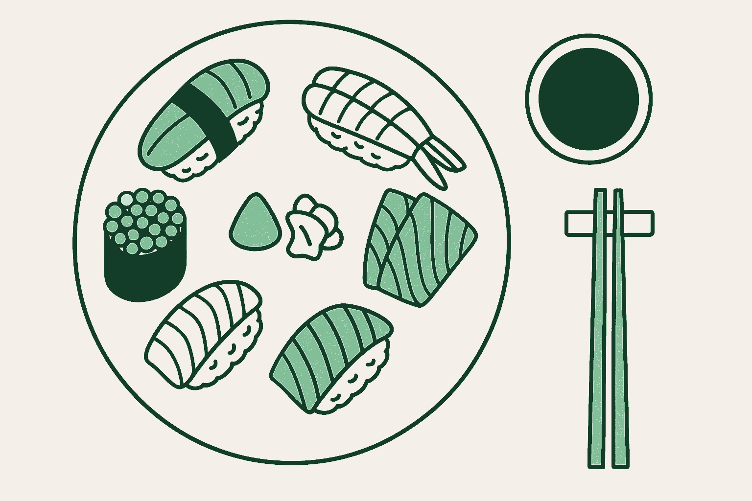 An overhead illustration of a sushi spread on a pale round ceramic plate. Pieces are arranged around the rim with a clear centre: nigiri, a shrimp piece, a fan of sashimi slices, a gunkanmaki heaped with round salmon roe beads and another holding lobed sea urchin, with a cone of wasabi and pickled ginger in the middle. A round dish of soy sauce and a pair of chopsticks on a rest sit beside the plate. Rendered in warm cream, sage, and deep forest green.