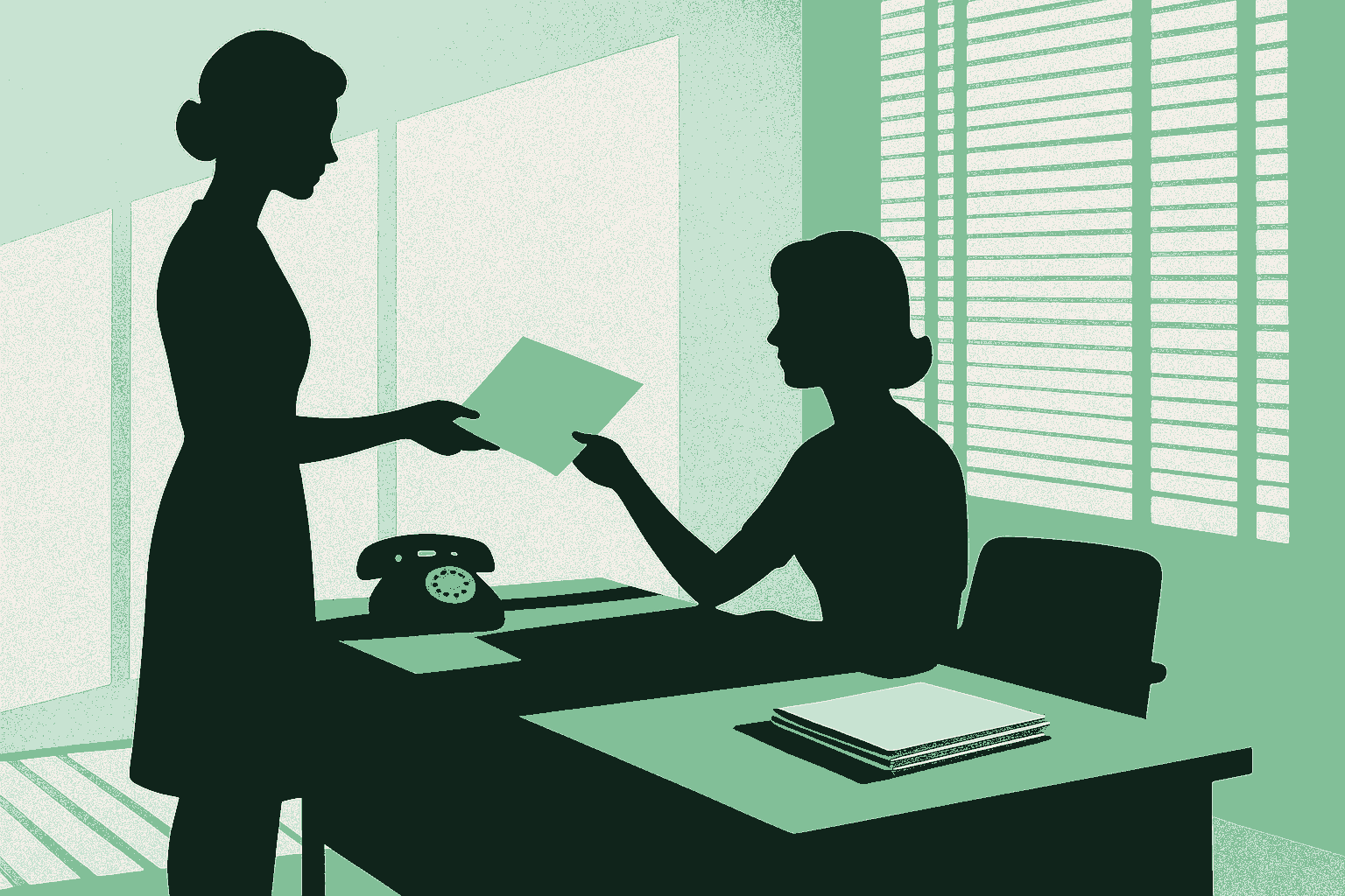 An early 1960s office rendered in silhouette. A standing woman extends an open folder toward a seated woman at a mid century desk, who is reaching to take it, the folder offered before it was asked for. A rotary telephone and squared stacks of paper sit on the desk, with warm light raking through venetian blinds behind. Rendered in warm cream, sage, and deep forest green.