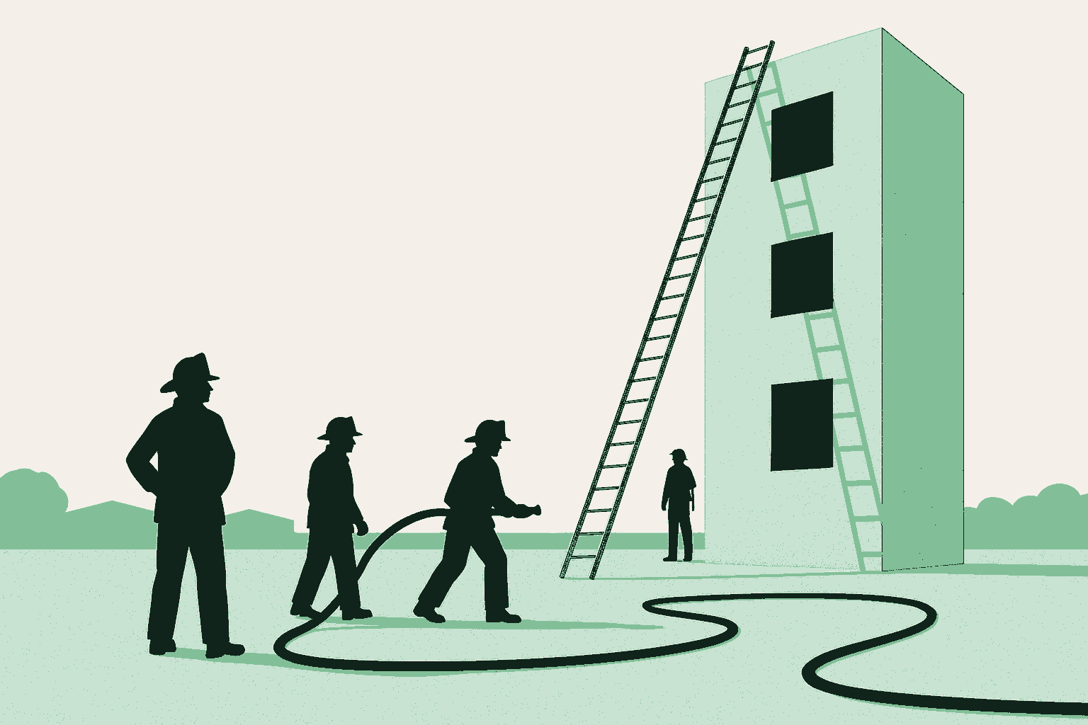 Firefighters running a training drill in an empty yard, rendered as deep forest green silhouettes: an extension ladder raised against a tall training tower, a hose line laid out across the ground, and a crew working the drill in calm daylight with no fire anywhere. The practice happens long before the emergency.