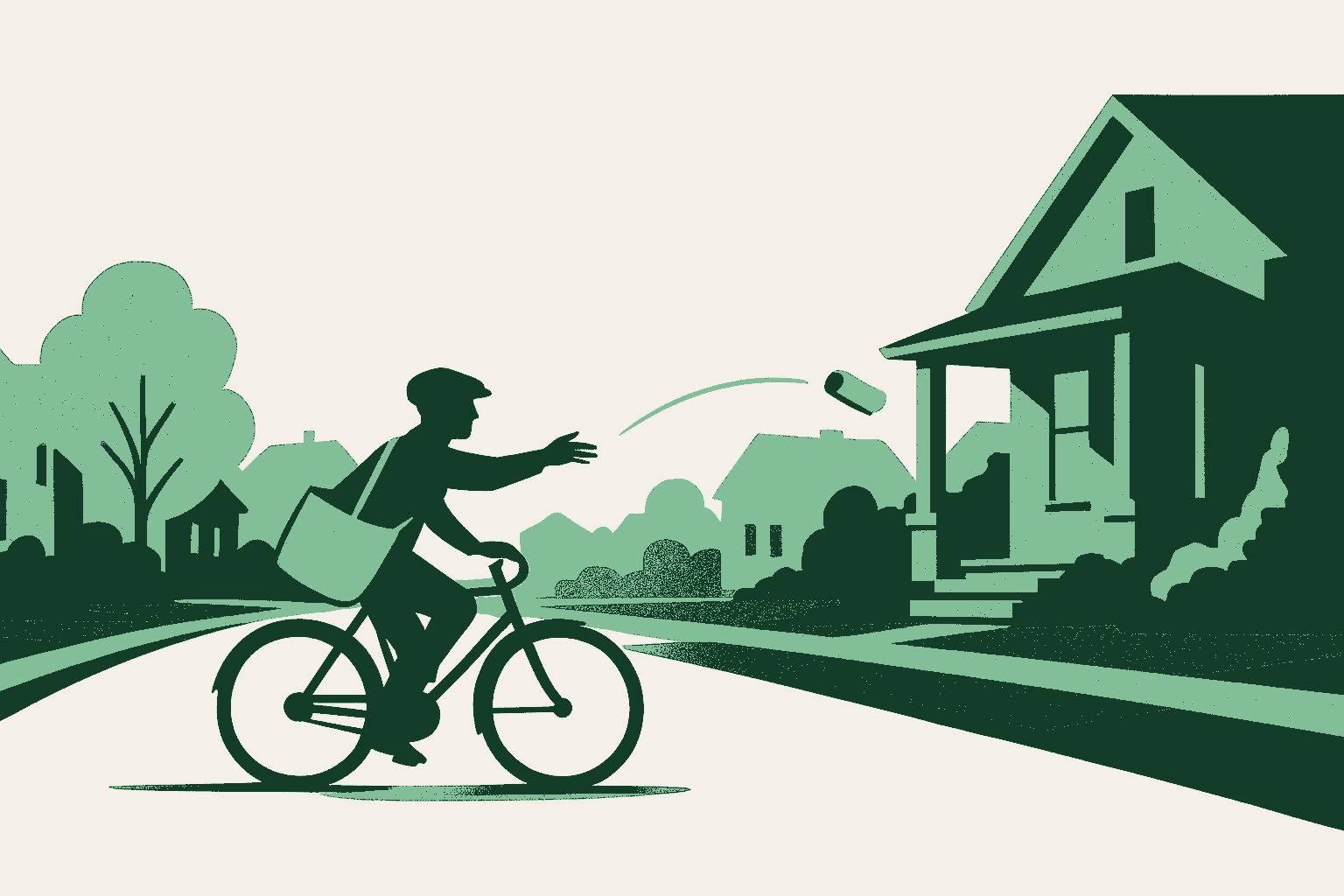 A paperboy in a flat cap riding a bicycle along a quiet residential street at dawn, caught mid-throw with a rolled newspaper arcing through the air toward the porch of a house on the right, a canvas delivery bag of papers across his shoulder. Rendered in warm cream, sage, and deep forest green.