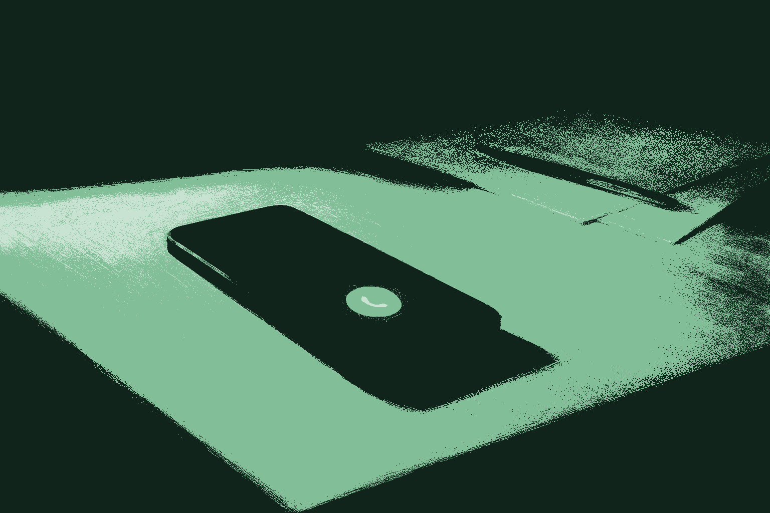 A close-cropped smartphone on a desk in late-afternoon light, its screen showing an incoming call mid-ring, with documents and a pen just outside the focus, rendered in muted warm cream against a deep forest green background with the call interface catching accent sage green. The quiet tension of the moment the phone rings and the entire hour begins.
