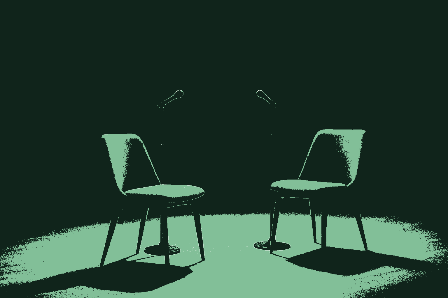 An empty conference stage under warm light just after a conversation has ended: two chairs angled toward each other with microphones between them, a large audience softly out of focus in the dim house beyond. Rendered in muted warm cream against deep forest green with the empty chairs catching accent sage green. The public conversation is over while the partnership and the work continue.