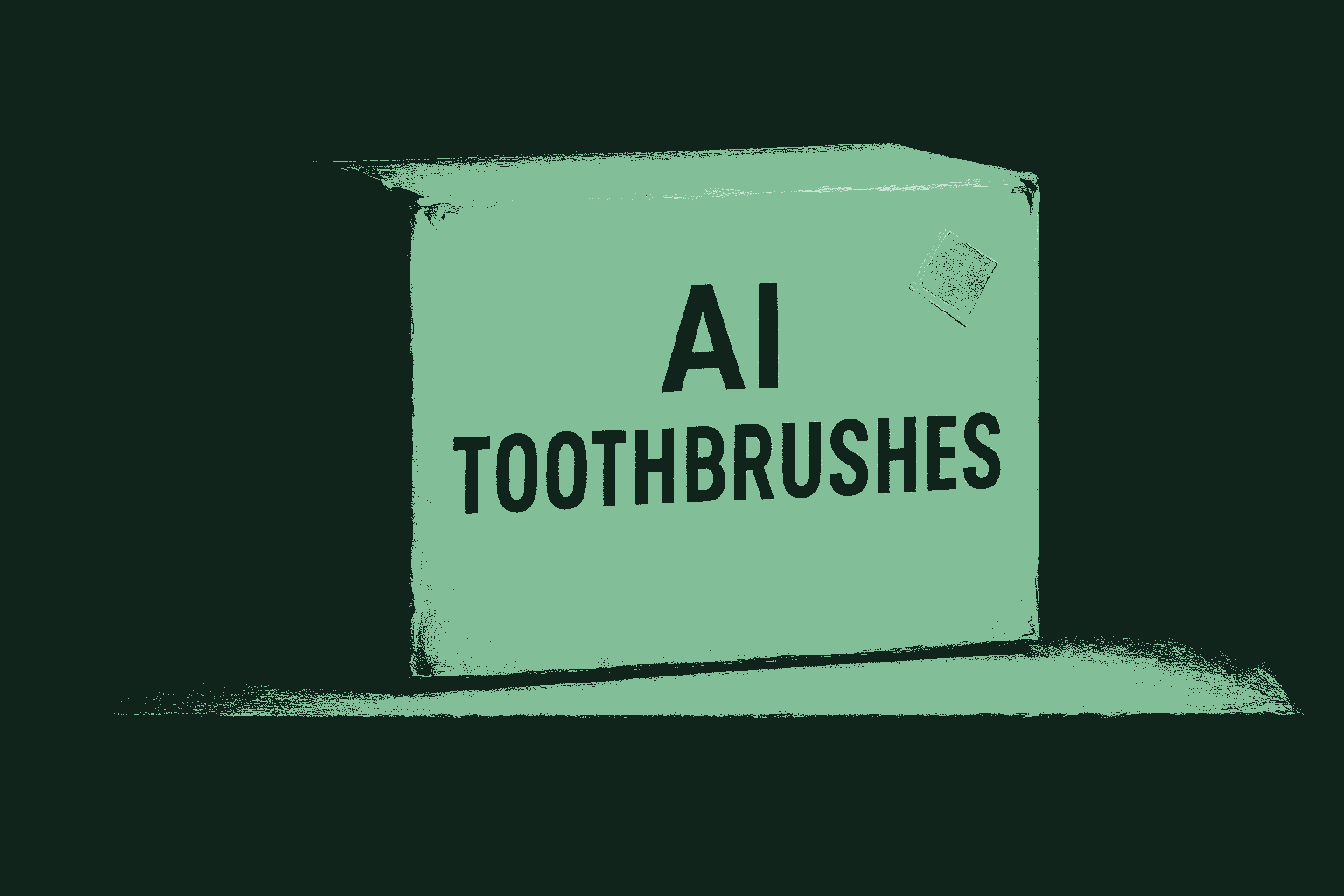A plain, slightly worn cardboard product box on a simple shelf rendered in muted warm cream against a deep forest green background, with the words AI toothbrushes printed boldly across the front of the box in deep forest green and a small crooked sage green sticker catching the light in one corner, a visual joke about slapping an AI label on an ordinary object.
