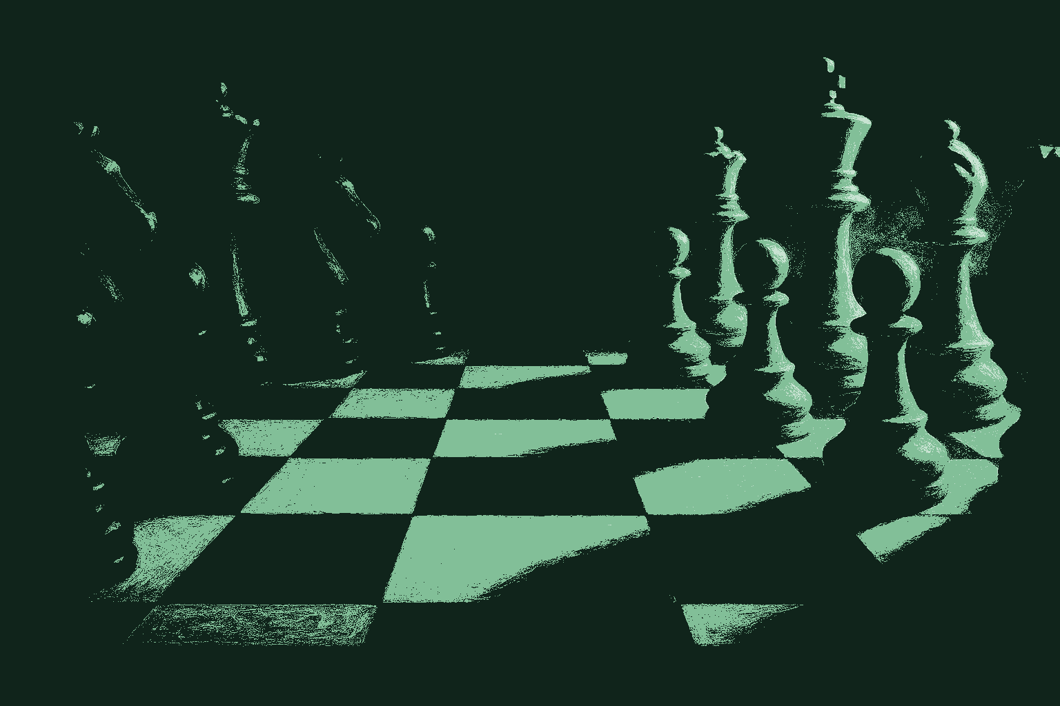 A dramatic low-angle view across a chessboard at the moment before two sides engage, opposing pieces arrayed against each other and lit by raking side light, evoking competition as the force that sharpens everyone.