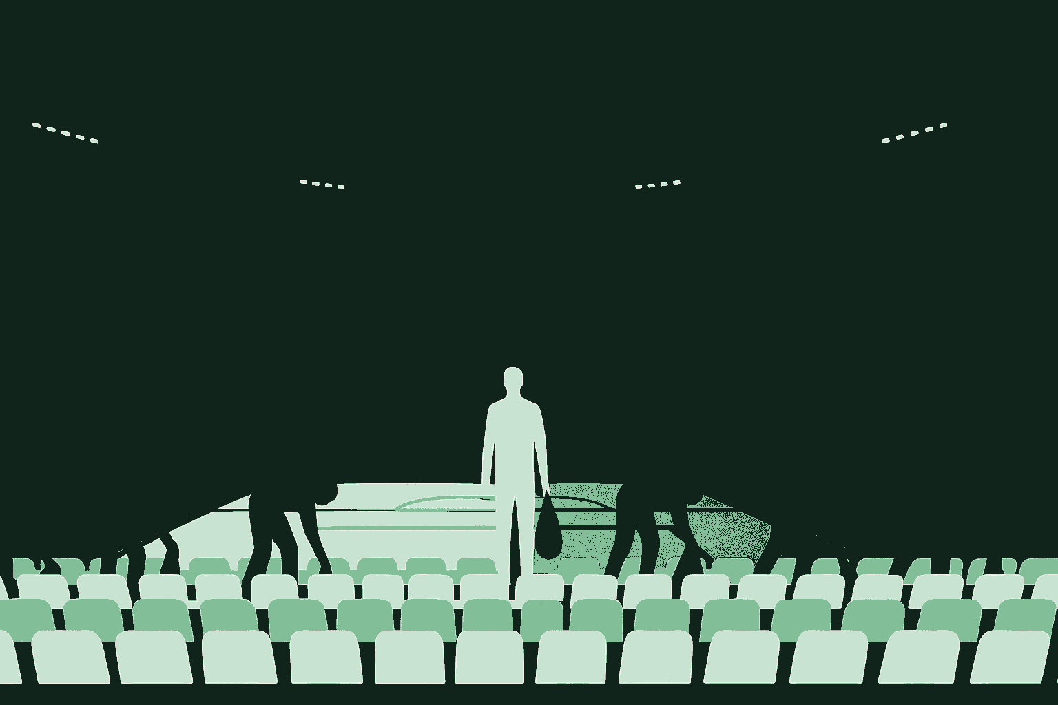 A wide dimming stadium scene after the final whistle, silhouetted figures bent over picking up bags from the seats in near-darkness, the vast empty stands receding into deep forest shadow, with a single sage green bag held by a lone upright figure in the middle ground.