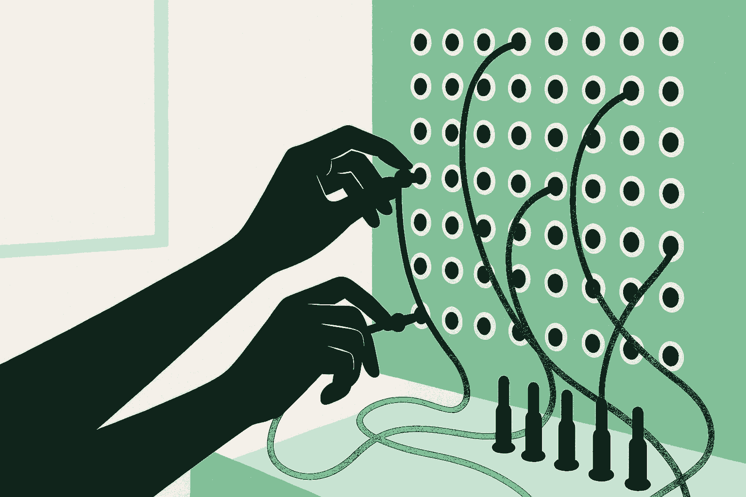 A vintage telephone switchboard seen close on the operator's hands, rendered as deep forest green silhouettes against a sage green patch panel of round jacks. One hand plugs a cord into a socket to complete a connection while other cords curve in arcs between rows. Warm cream daylight from a window at the left.