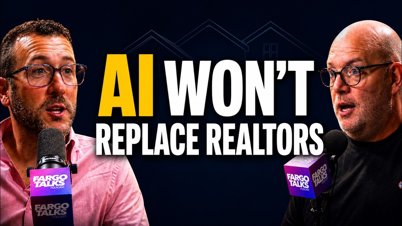 Fargo Talks episode title card reading AI Won't Replace Realtors, with host Jeff Fargo and Ethica AI CEO Judd Hoffman on microphones either side of the text.