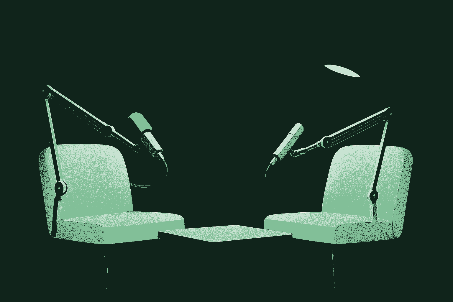 Two empty podcast chairs facing each other across a small table with two microphones under warm studio light, a faint city skyline through a window behind them, rendered in muted warm cream against a deep forest green studio, one microphone windscreen catching sage green. The conversation itself as the destination, a seat waiting for the listener.