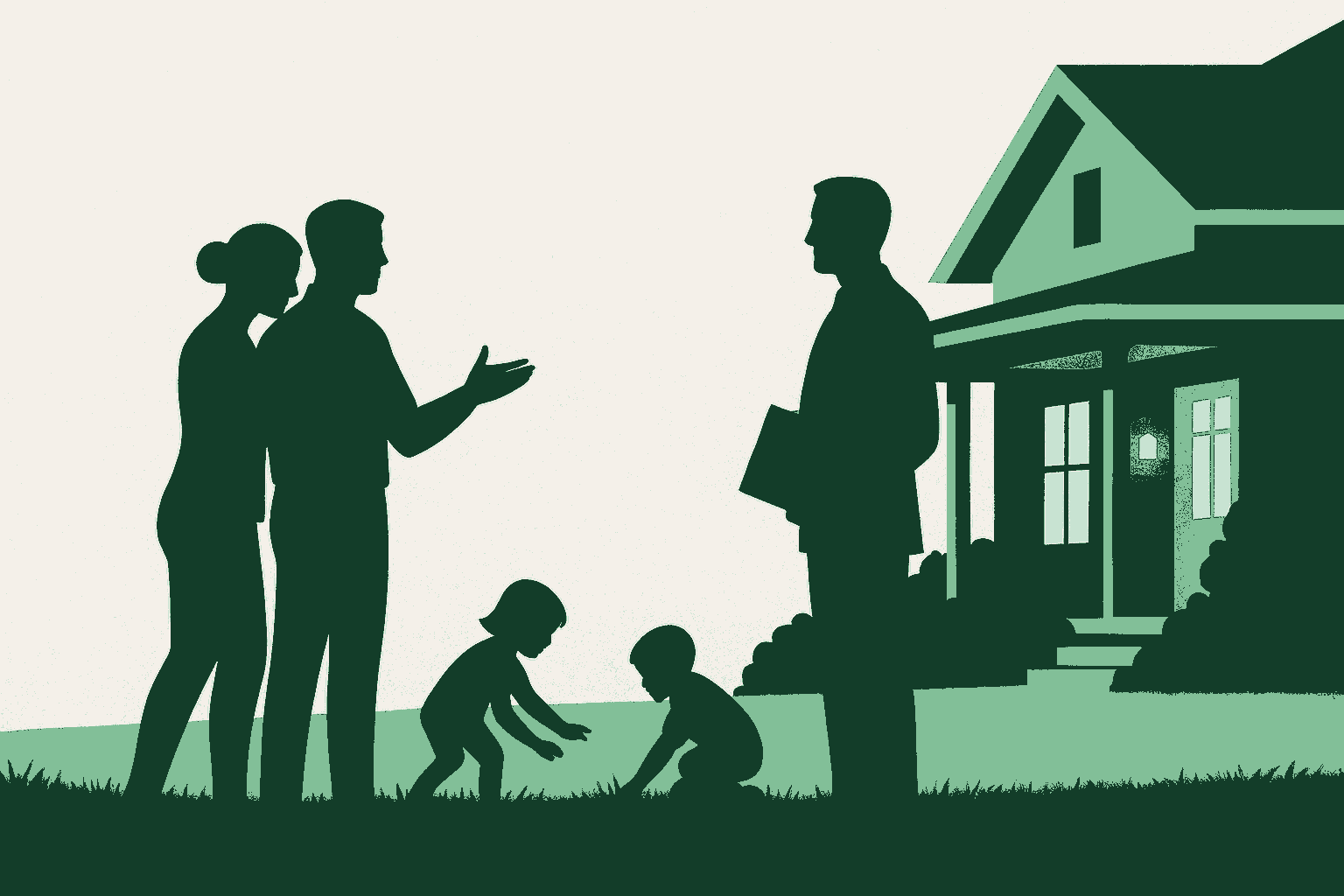 A family and their real estate agent in silhouette on the lawn outside a house they have just viewed, the father's hand open mid-sentence as if making an offer, the mother leaning close beside him, two children playing on the grass, and the agent listening with a folder ready. Rendered in warm cream, sage, and deep forest green.