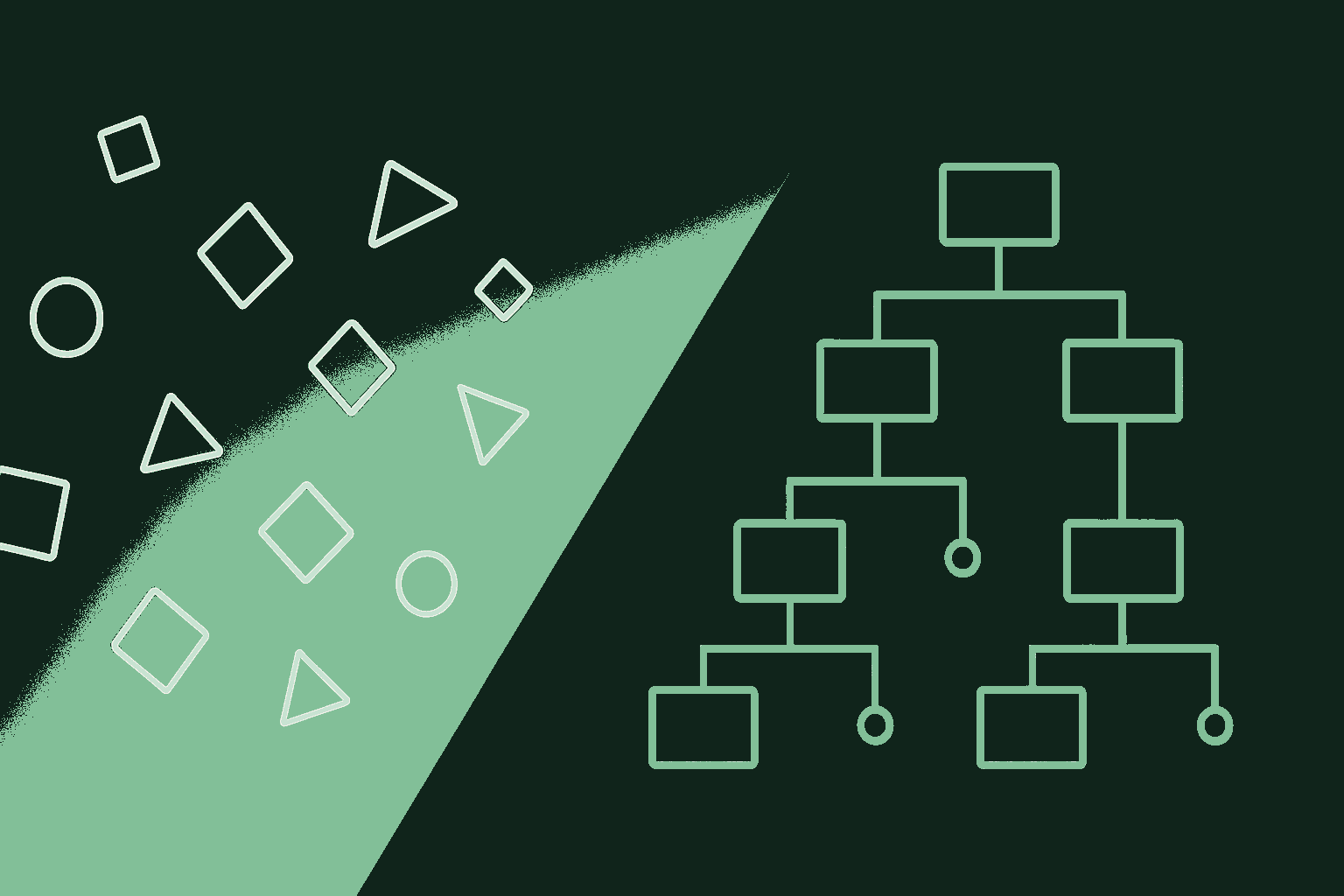 Editorial illustration of a corporate organizational structure being physically reshaped, with elements on the left dissolving away while new elements on the right form into denser geometric clusters representing AI infrastructure