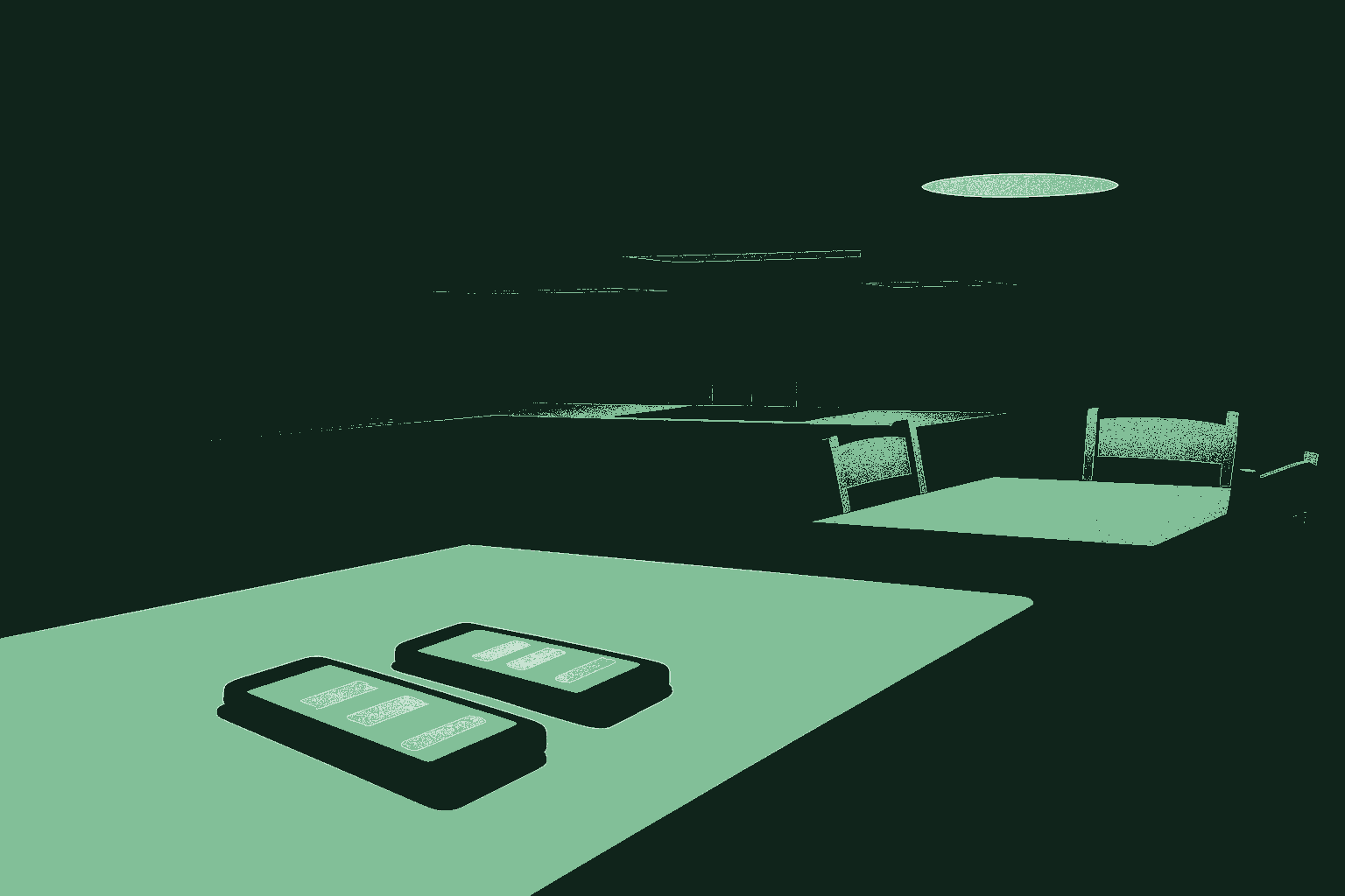 A wide modern kitchen at dusk with two phones lying face-up on the island, both glowing with chat interface light, and two empty chairs pulled away from a negotiating table off-frame, suggesting a deal paused while both parties consulted their AI.