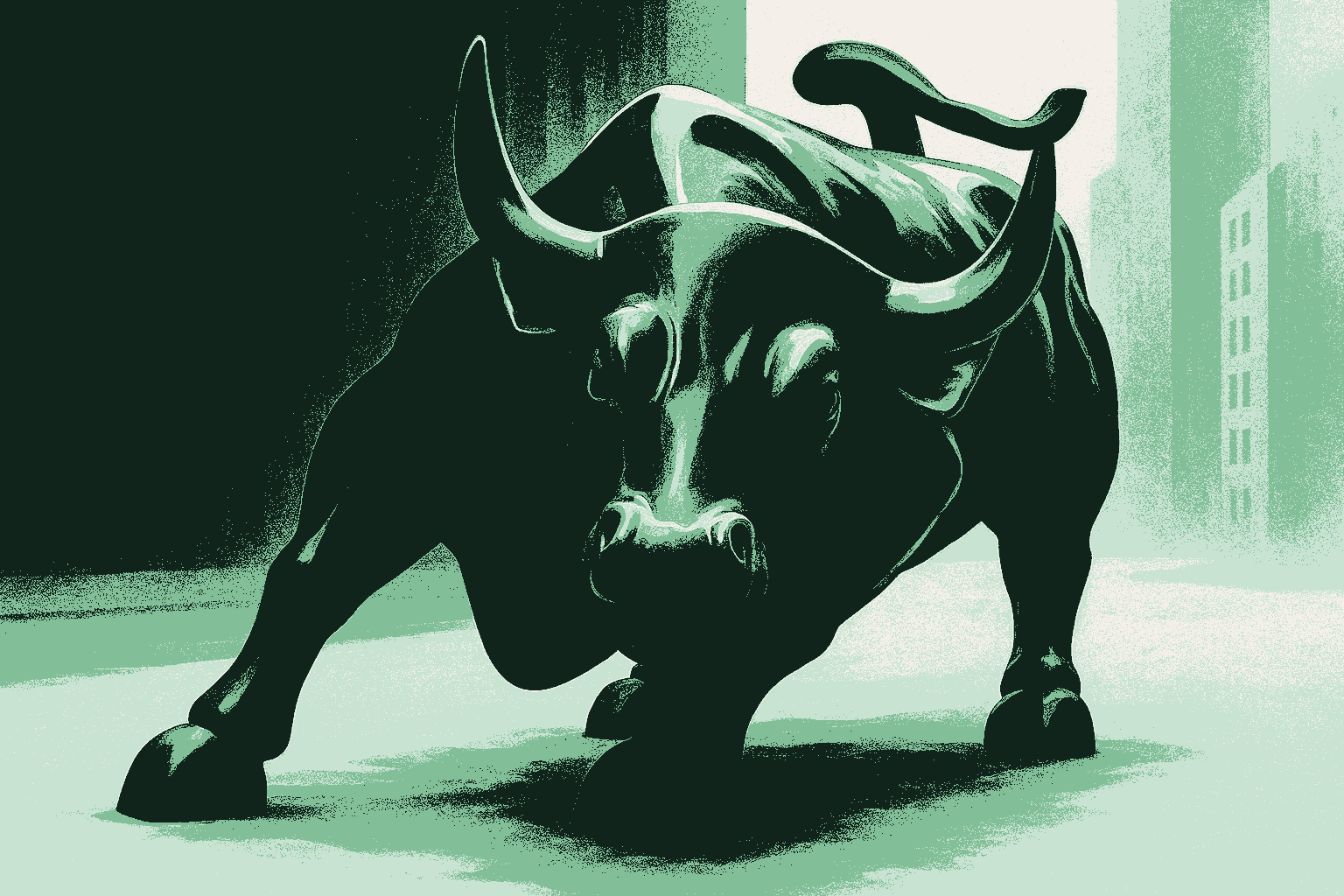 A painterly rendition of the iconic Wall Street charging bull, rendered in deep forest green bronze against a warm cream street, its head lowered and horns forward, with sage green catching the polished ridge of its back. The institution that moves only when the math is undeniable.