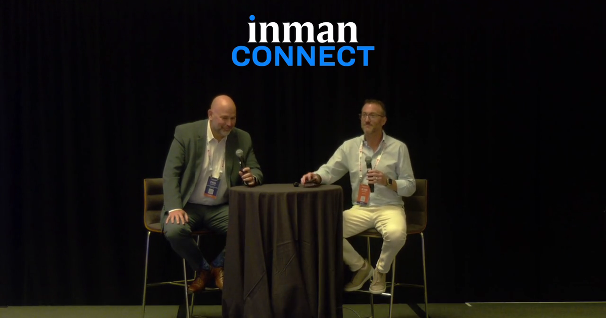 Judd Hoffman, CEO of Ethica AI, answering an audience question on stage at Inman Connect beside Phil Hawkins, CEO of the California Association of REALTORS