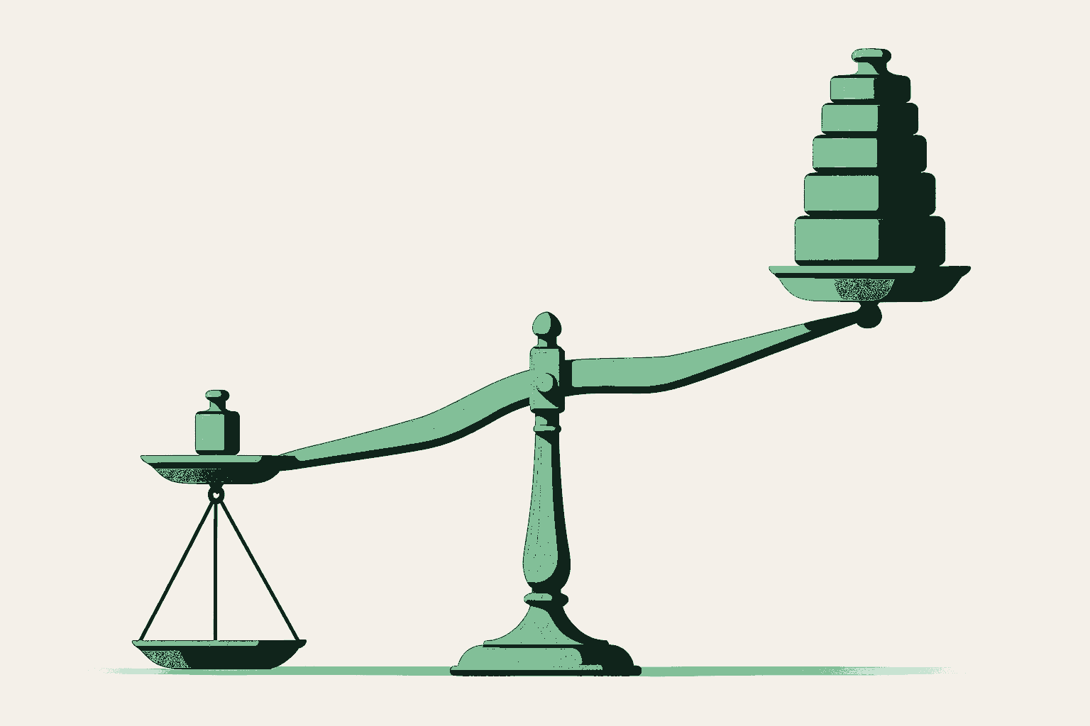 An old brass balance scale on a bare cream background, tilted steeply out of balance. The left pan has sunk low under one small weight while the right pan rides high carrying a tall stack of large weights. Rendered in warm cream, sage, and deep forest green.