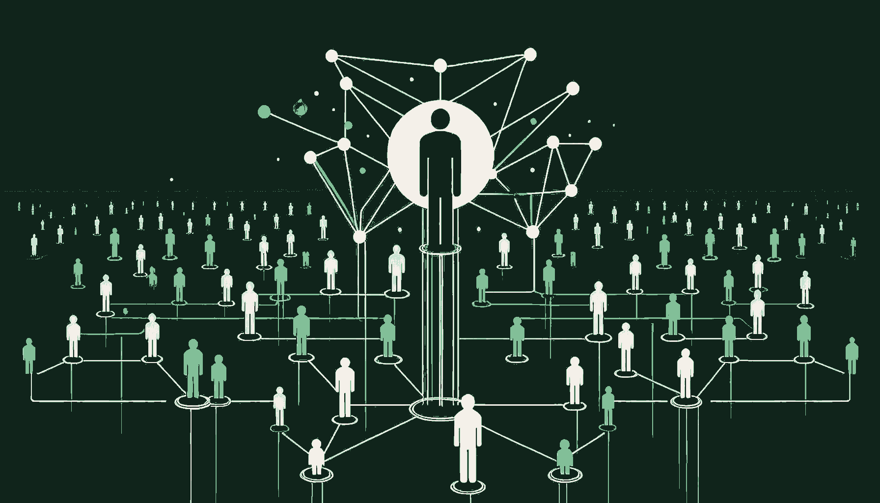 A single lead figure surrounded by a sage green constellation of interconnected nodes, with a wide field of unconnected figures behind, suggesting the new operator class in real estate AI