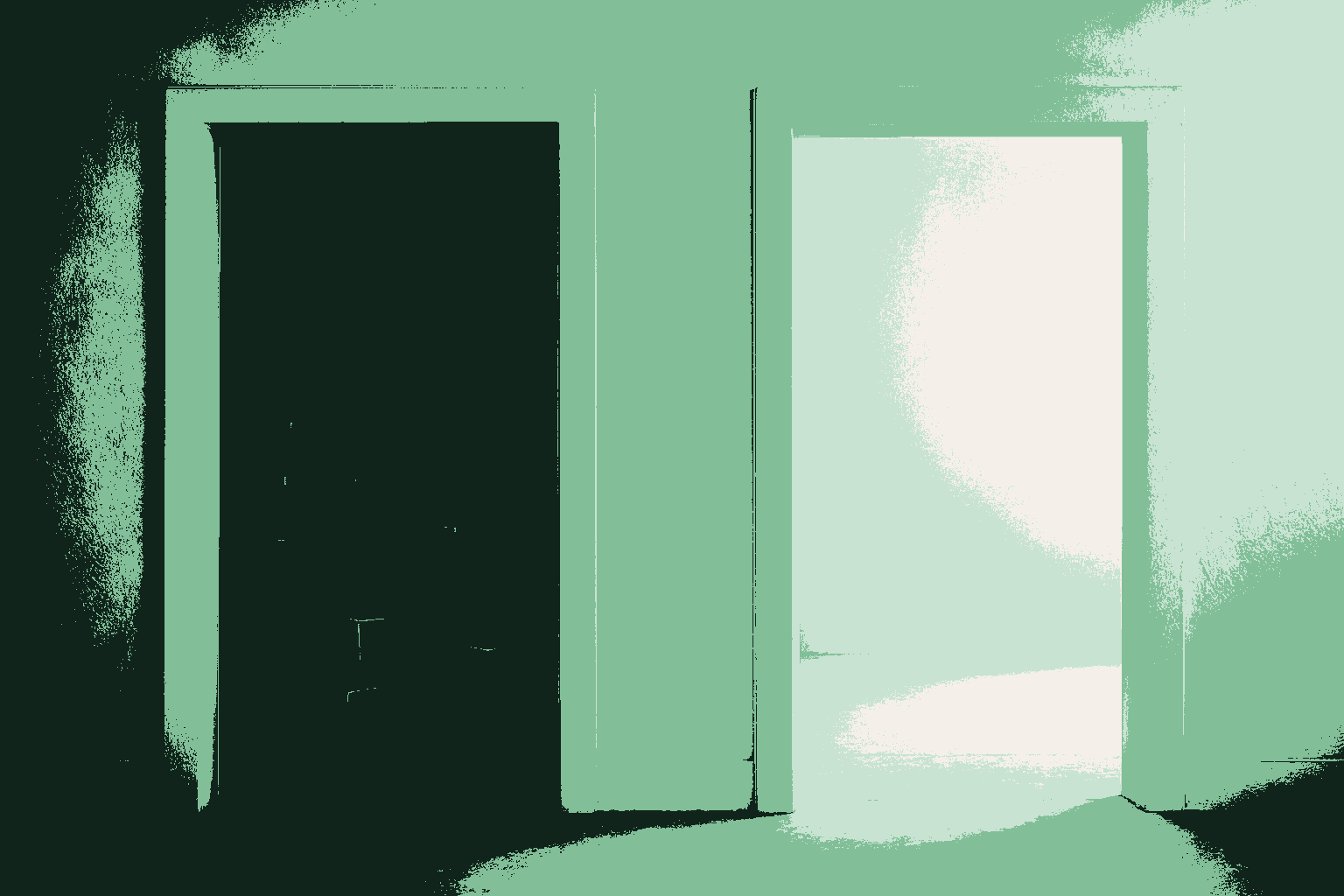Two plain doorways side by side in a warmly lit wall: the left opening onto a dark, cluttered room stacked with bulky shapes to manage, the right opening onto a clear, bright, open space with the work removed. Rendered in muted warm cream and deep forest green with the open right doorway glowing accent sage green. Two extremely different kinds of company: one that adds another AI feature, one that changes how agents work.