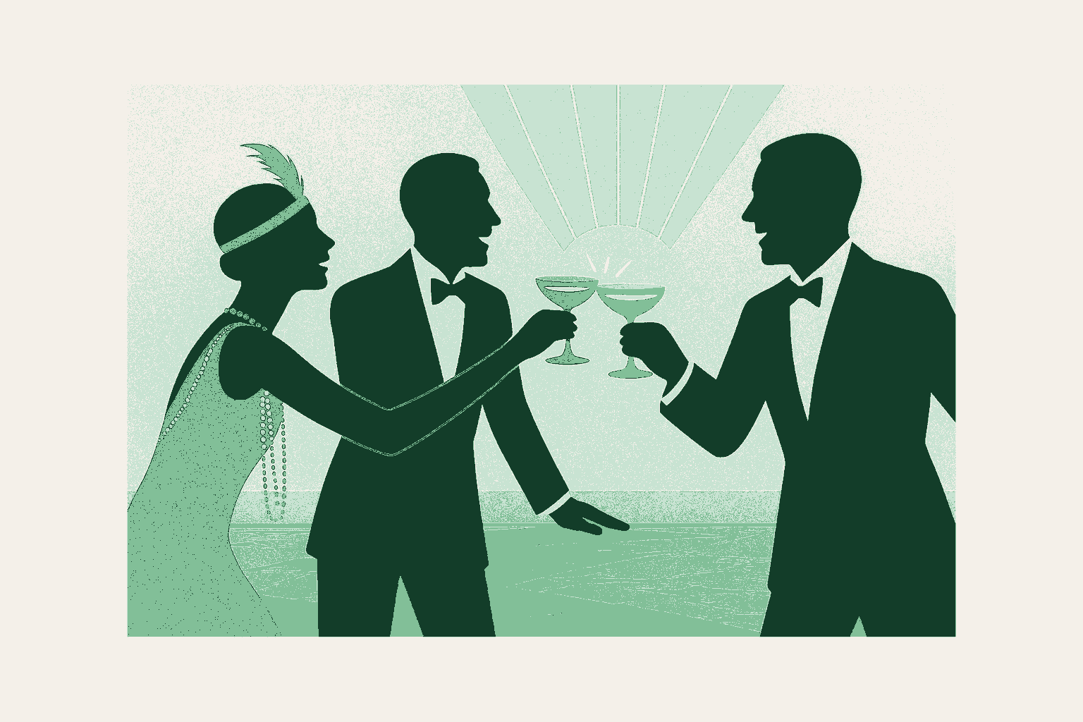 Three figures in silhouette in 1920s evening dress, a beaded gown with a feathered headband and two tuxedos, leaning in to clink coupe glasses of champagne in a toast, shoulders lifted in laughter, against an art deco sunburst and a marble floor catching the light. Rendered in warm cream, sage, and deep forest green.