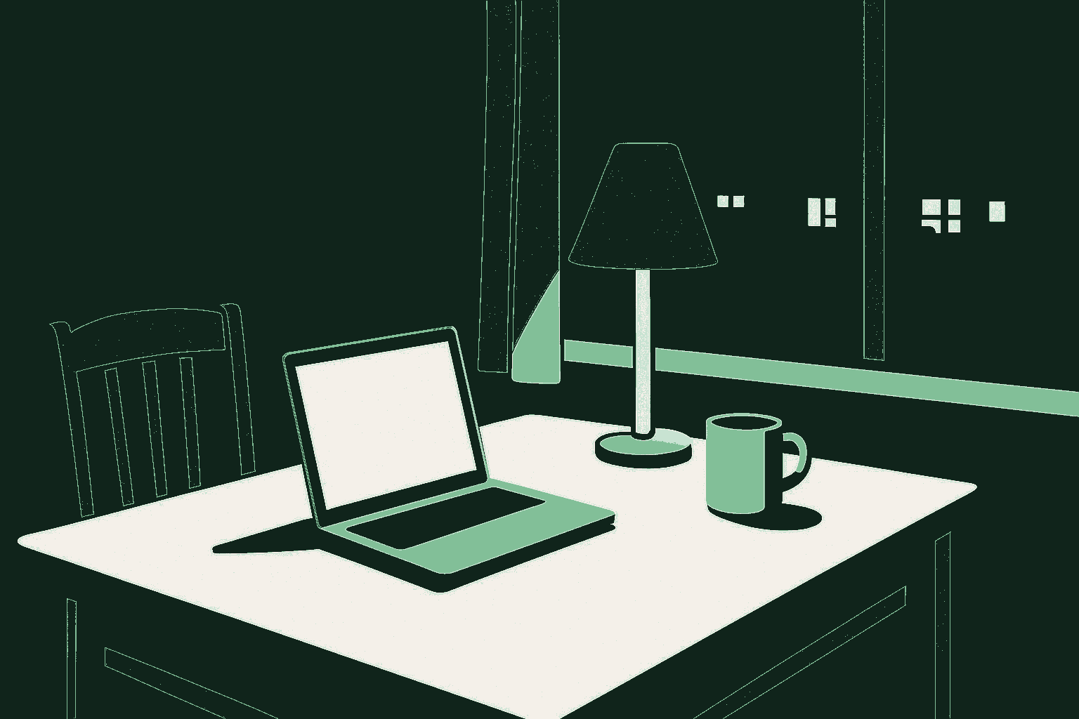 A kitchen table at night with a laptop open, a warm lamp casting a soft pool of light across the table surface, and a dark suburban street visible through the window behind it.