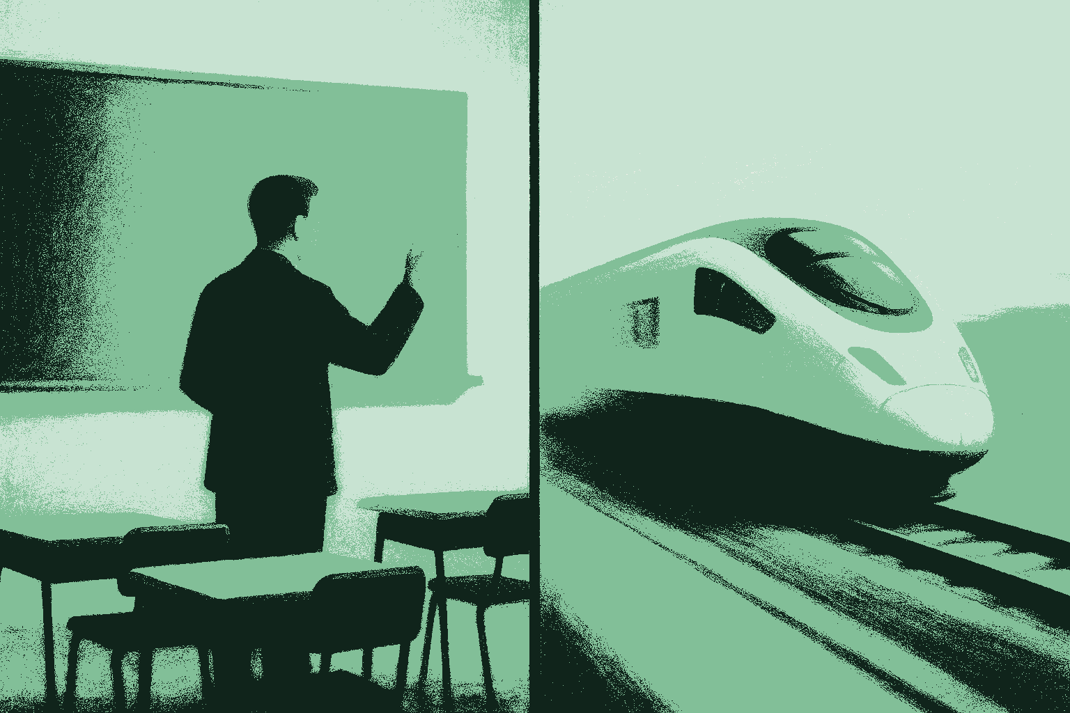 A split editorial illustration divided down the middle. On the left, a teacher gestures at a blank chalkboard in a classroom of empty desks, representing the guidance a new agent needs. On the right, a sleek bullet train speeds along a track, representing the trust and momentum an experienced agent wants. Rendered in muted warm cream against deep forest green with sage green accents. Great AI teaches when it needs to and gets out of the way when it doesn't.