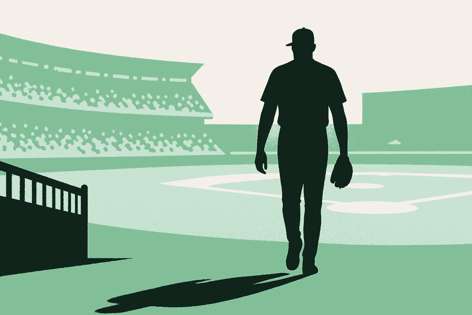 A relief pitcher walking in from the bullpen gate across a sunlit outfield, rendered as a deep forest green silhouette with glove in hand, the packed stadium stands in soft sage and the infield waiting ahead. Called in exactly when the game is on the line.