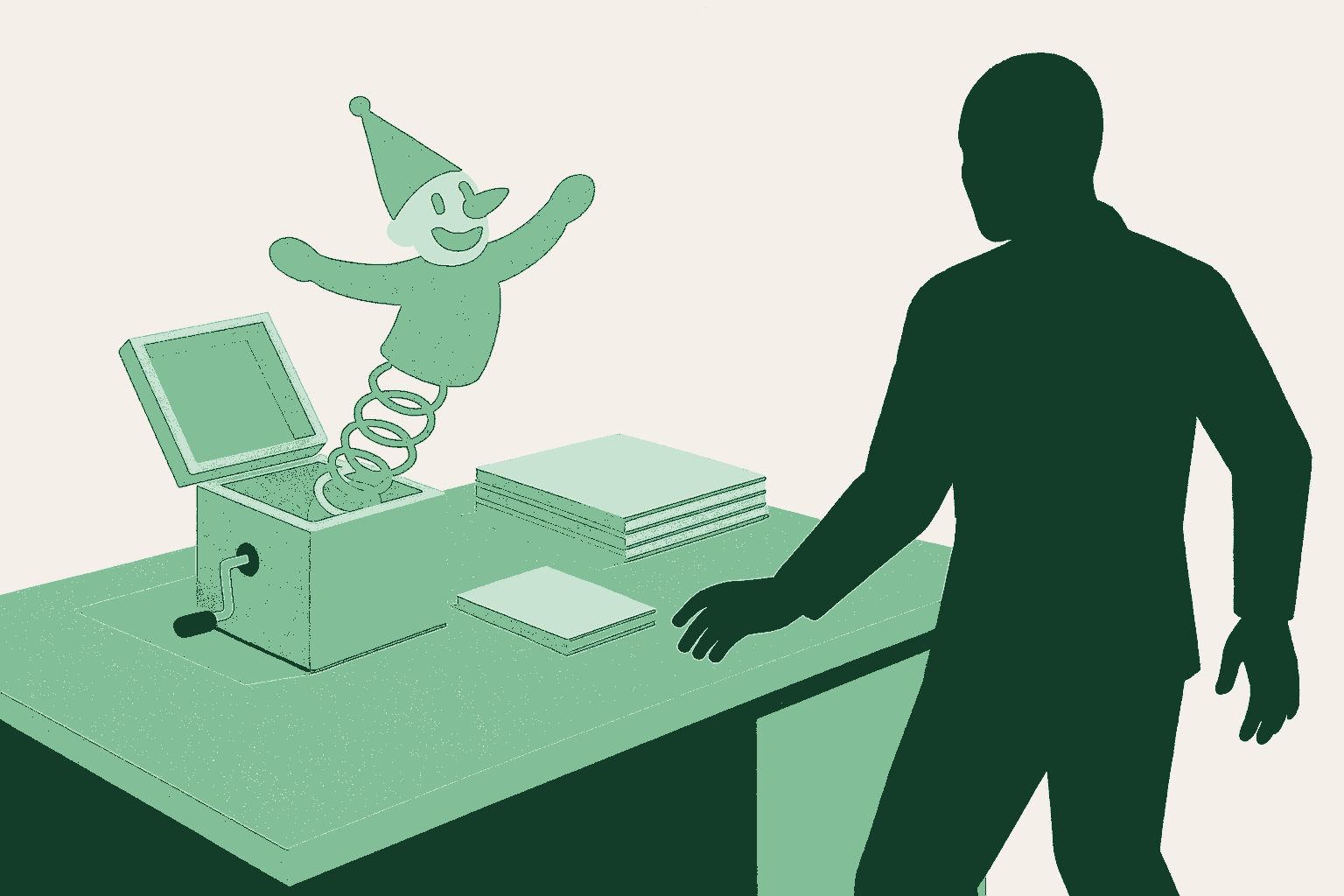 A jack-in-the-box springing open on the corner of an otherwise immaculate desk, its lid flung back and the toy caught mid-leap on its coiled spring, beside neat squared stacks of paper and a closed folder, while a person in silhouette seen from behind recoils a step from the desk. Rendered in warm cream, sage, and deep forest green.