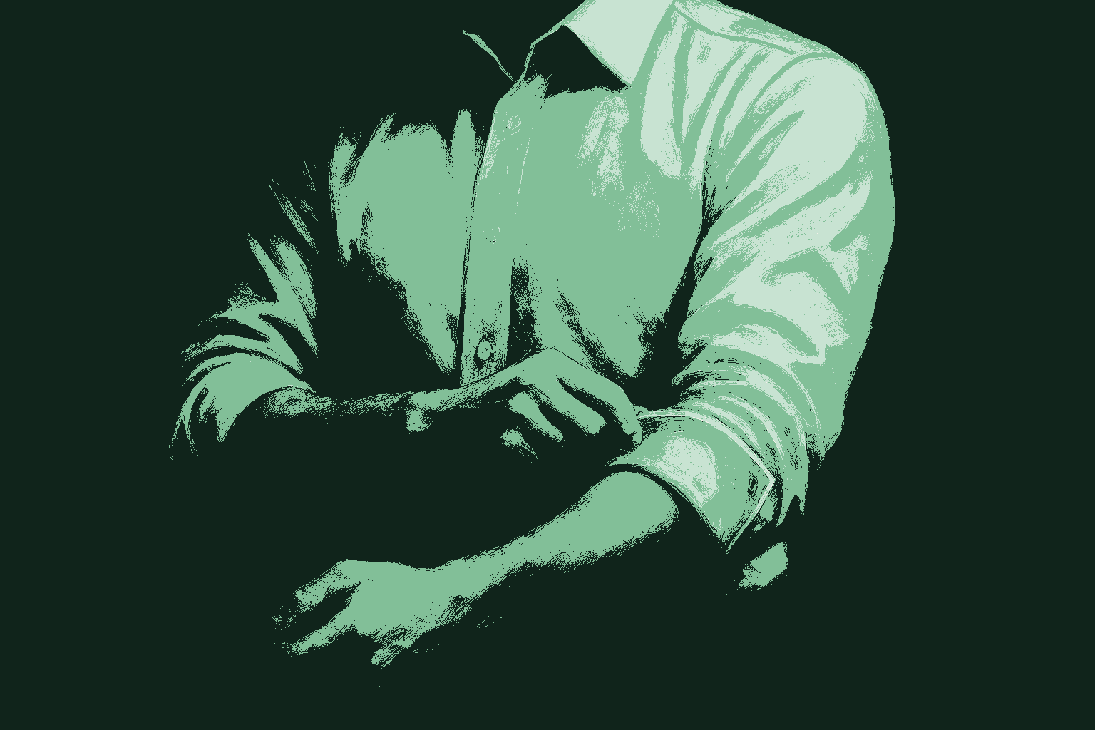 A cropped view of a person in a crisp business shirt, seen from the shoulders to the waist with no face shown, in the act of rolling up one shirtsleeve to the forearm, ready to get to work. Rendered in muted warm cream fabric against a deep forest green background, with sage green catching the edge of the rolled cuff. A leader going first and getting hands-on rather than delegating.