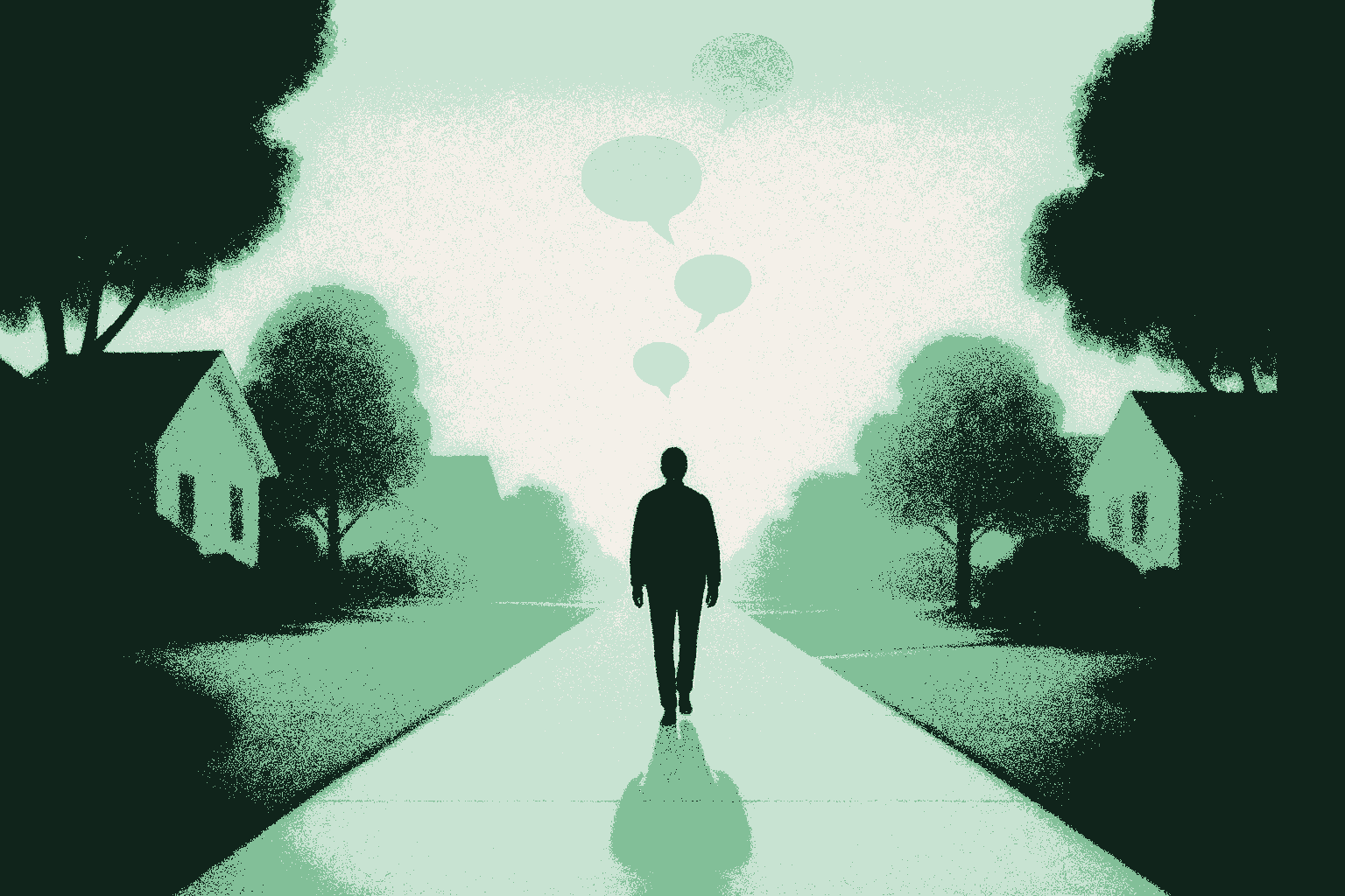 A quiet suburban sidewalk at sunrise with a single figure walking away from the viewer into the warm morning light, faint conversation bubbles above the path dissolving into the air, rendered in muted warm cream against a deep forest green dawn with the sunrise glow catching accent sage green. Yesterday's debate disappearing into today's expectation.