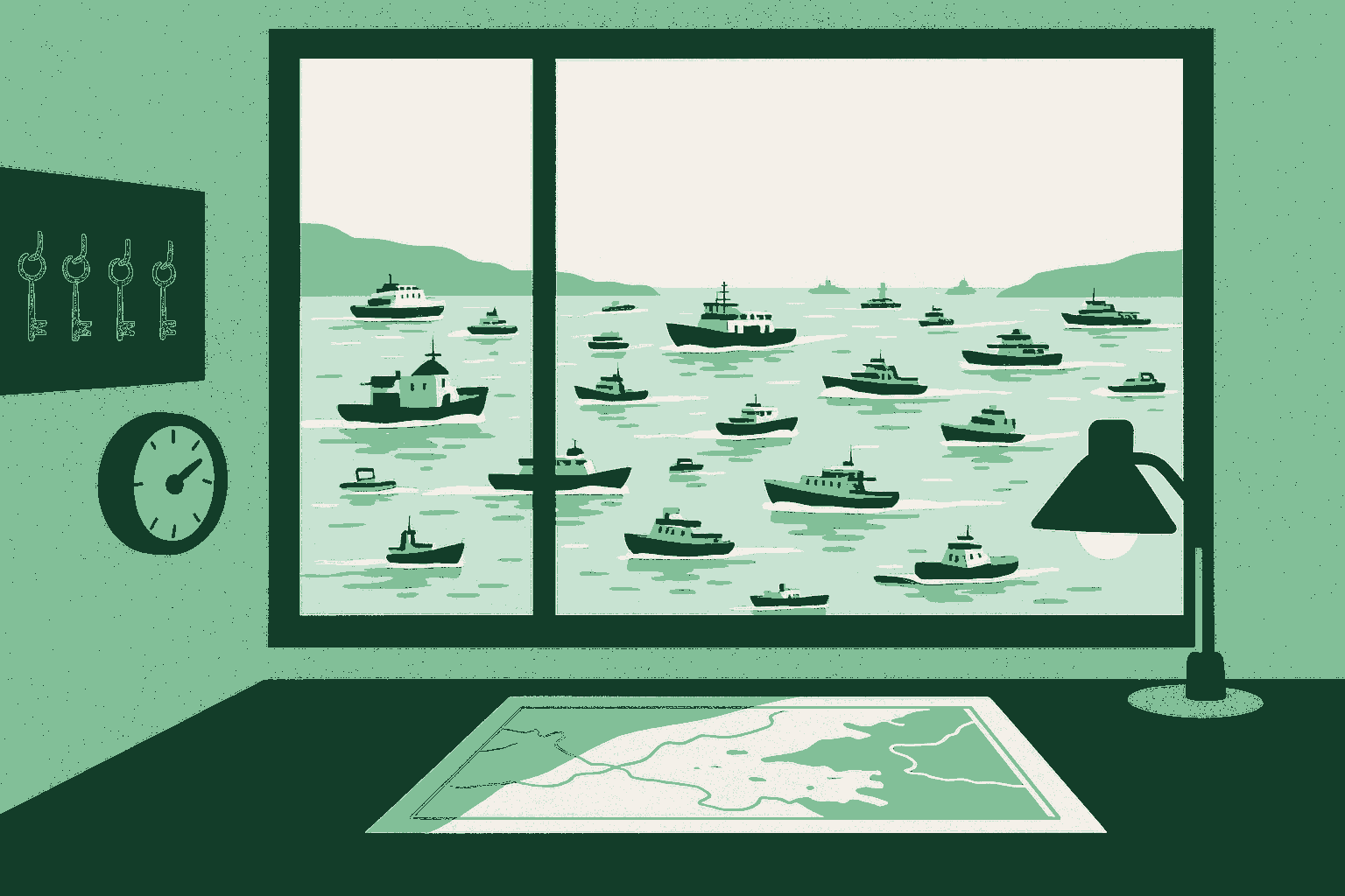 A harbour pilot's station at dawn, seen from inside looking out over a busy harbour. The room is orderly: a chart laid flat and weighted at its corners, a row of pegs each holding one key, a tide clock and a single lit lamp. Beyond the window many boats move in different directions at once. Rendered in warm cream, sage, and deep forest green.