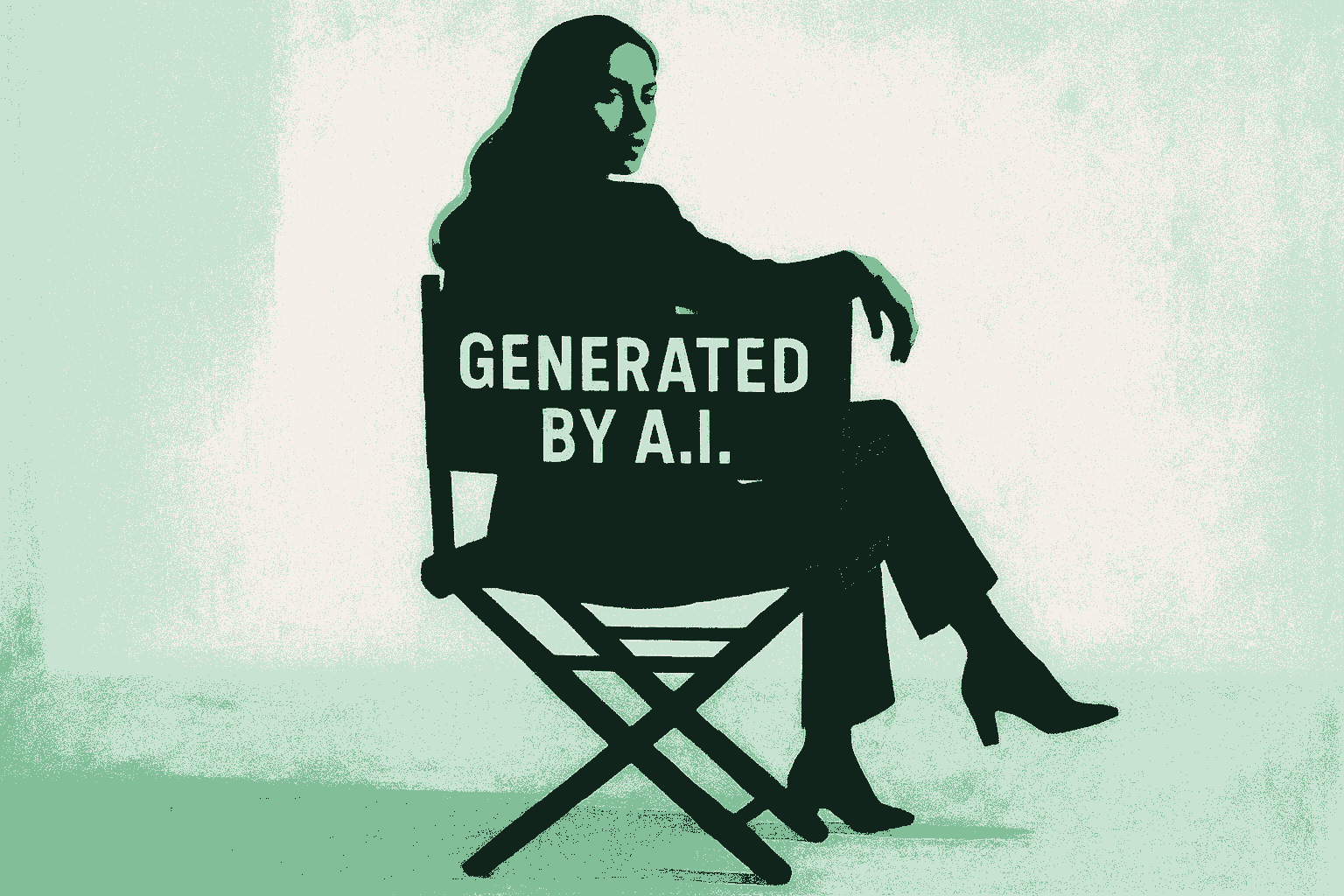 An abstract, painterly rendition of a figure seated backwards on a folding director's chair, turned to look over one shoulder at the viewer, the chair back reading GENERATED BY A.I. The figure and chair are rendered in deep forest green silhouette against a muted warm cream studio backdrop, with sage green catching the edge of the chair back. The subject of the moment, waiting on a verdict only the audience can give.