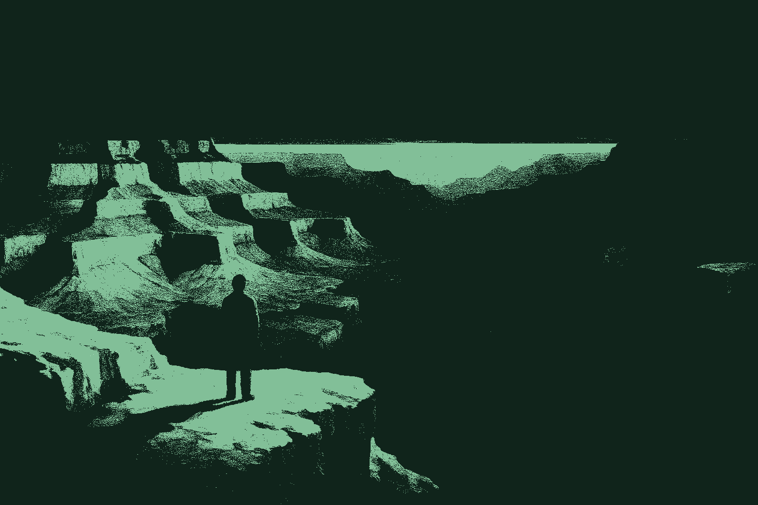 A single small figure stands at the rim of the Grand Canyon at early evening, seen from behind, the vast canyon opening below and receding into the distance, the near edge dizzying and the far view calm and beautiful, rendered in muted warm cream rock against a deep forest green sky and shadowed depths with a thin sage green glow along the far horizon.
