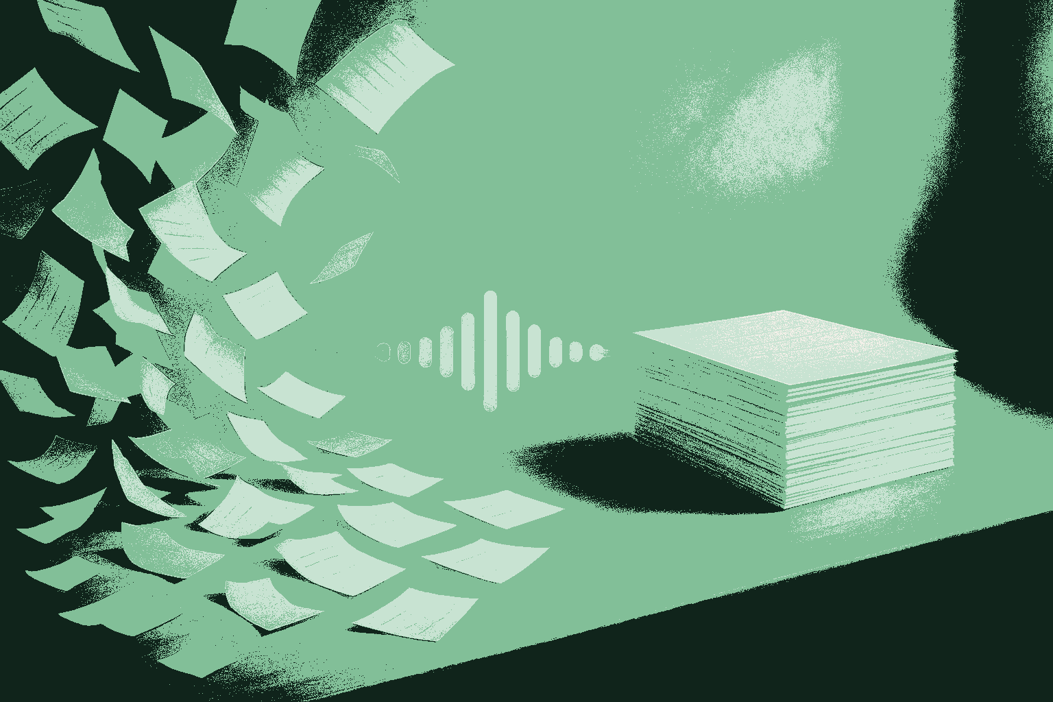 Scattered fragments of transaction paperwork on a warmly lit desk flowing and organizing themselves into a single clean, structured stack of documents, a soft sage voice waveform passing through them as the organizing force, rendered in muted warm cream against a deep forest green room. Technology handling the workflow around the agent rather than asking the agent to learn another system.