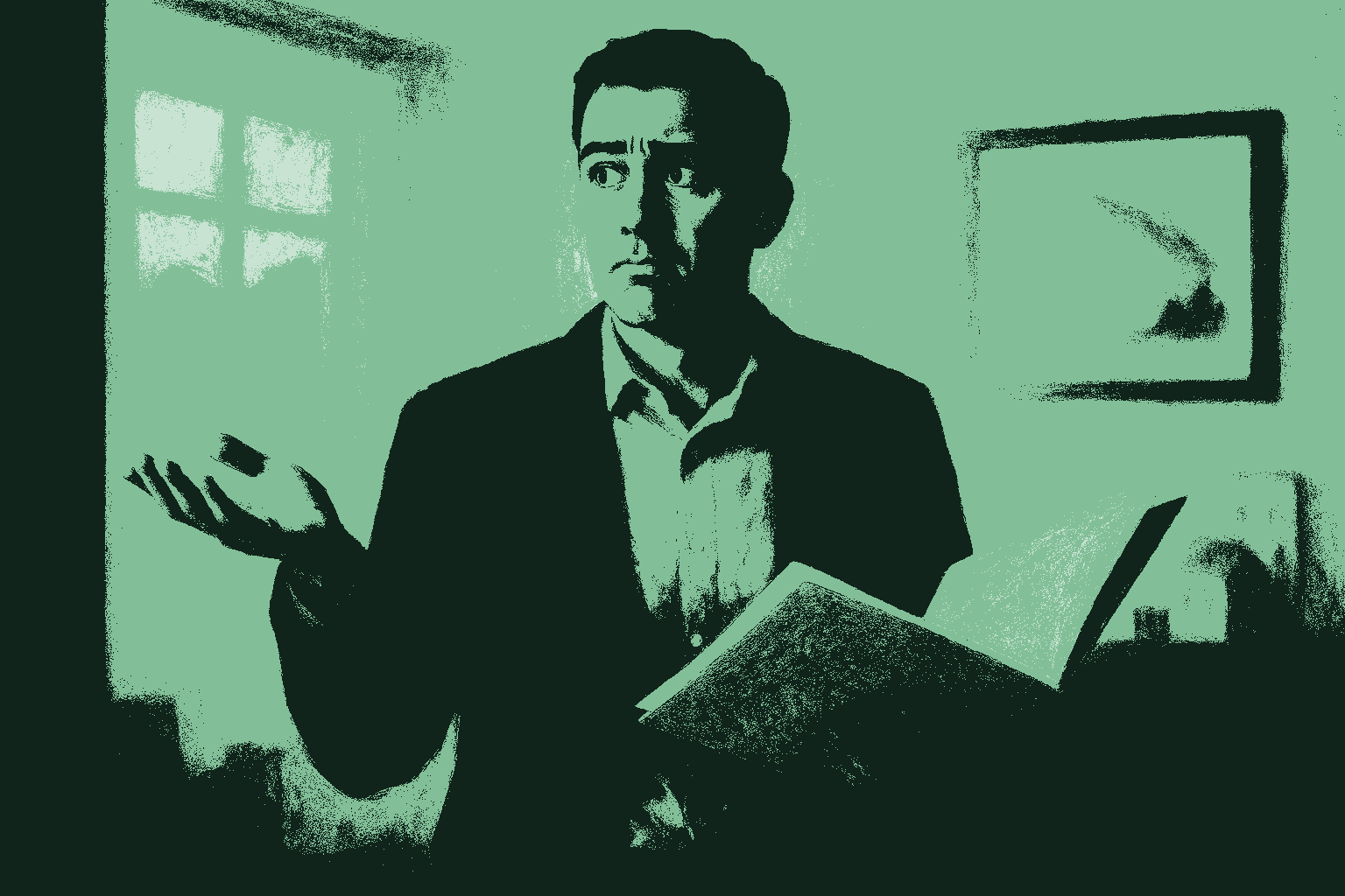 An original illustration of a real estate professional standing in a warm office, mid-shrug with a puzzled, searching expression, holding a half-open folder of papers, wondering where they left off after an interruption. Rendered in muted warm cream against deep forest green with the figure catching accent sage green. The confusion of returning to a transaction the software has forgotten, having to start over.