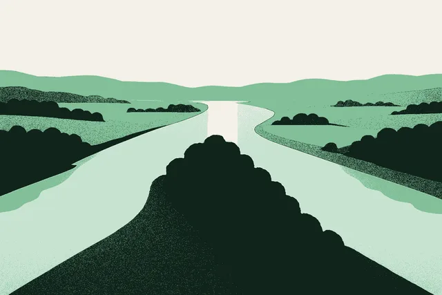 An aerial view at golden hour of a wooded point of land wedging into the frame from the foreground, with water flowing along both sides of it. Past the point the two waters continue as a single broad river running toward distant hills. Rendered in warm cream, sage, and deep forest green.