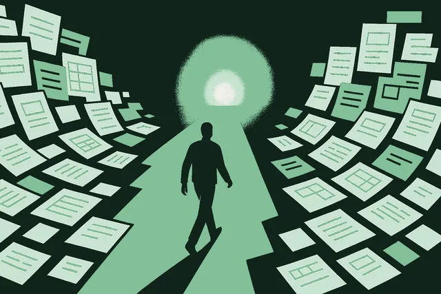 Editorial illustration of a single back-facing human figure mid-stride on a clear open path of sage green light cutting through a deep forest green field, with cluttered administrative shapes, form outlines, and document boxes in warm cream swept to the left and right edges of the frame as if brushed aside, leaving the center path unobstructed, evoking the clearing of administrative drag from the path to actual real estate work.