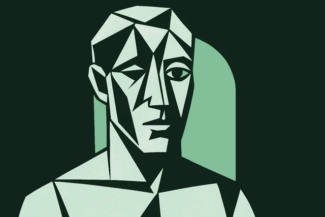 Editorial illustration in a cubist style: a stylized portrait of an artist composed of fragmented angular planes, profile and three-quarter views integrated through sharp geometric facets, rendered in the Ethica palette with sage-green accents at the eye and lips, evoking art itself as the demonstration of taste