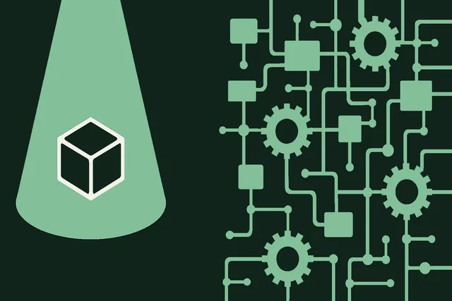 Editorial illustration contrasting two surfaces: a small spotlit demo object suspended in clean empty space on the left, and a dense interconnected lattice of working machinery and connection points on the right, evoking the gap between a polished AI demo and the messy reality of deployment