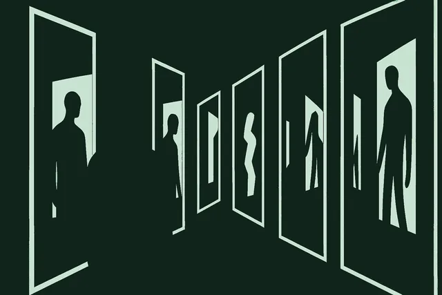 The dark silhouette of a lone figure standing inside a house of mirrors, their form distorted and multiplied across dozens of reflective panels in every direction, each reflection a different warped version of the same person, the mood disorienting but composed, evoking honest self-examination rather than panic.