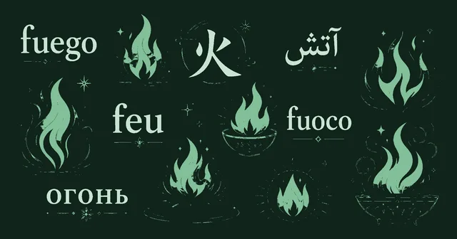 A flame and a written character side by side with a third foundational element between them rendered in the same scale suggesting equivalence