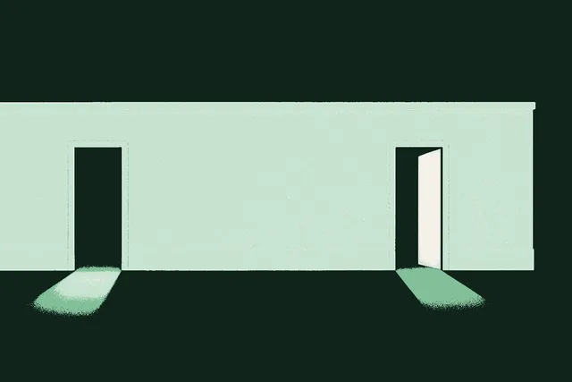 Editorial illustration of a long forest-green wall with two narrow doorways set into it, the left doorway already passed through and dark, the right doorway just opening with warm cream light spilling out across the floor, evoking the public-markets door that the people building the future keep choosing to walk through