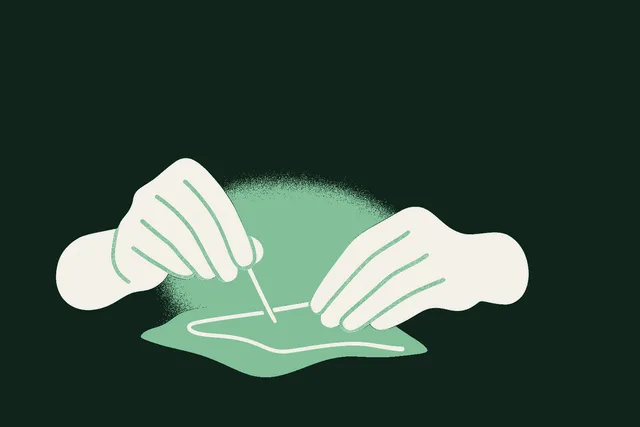 Editorial illustration of a pair of hands engaged in a craft activity in warm contour, surrounded by a soft sage-green glow, with a faint grid of receding delegated-task icons in the background, evoking the difference between the experience of doing and the convenience of paying