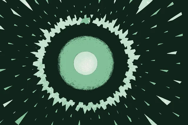 Editorial illustration of three concentric zones radiating outward from a center point: a small contained inner comfort zone, a glowing sage green growth band, and a fragmented outer overwhelm edge