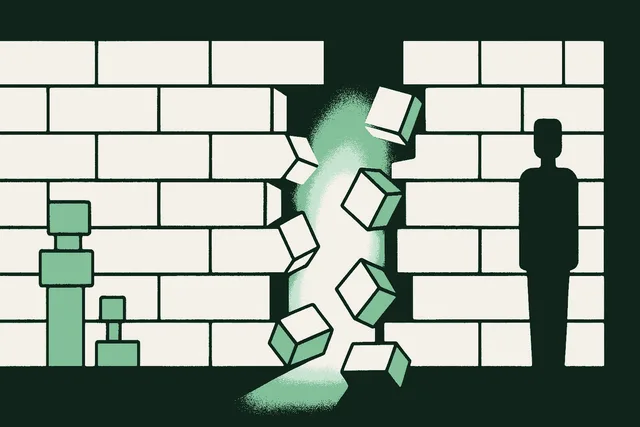 Editorial illustration of a wall of stacked blocks mid-collapse, with warm light coming through the gap where the barrier has broken open, evoking the wall between understanding a problem and being able to fix it coming down
