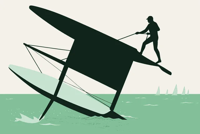 A racing catamaran capsized mid-race with true capsize geometry: bow buried, trampoline deck tilted like a wall, upper hull thrown skyward with a silhouetted sailor balanced on it hauling the righting line, sail flat on the water, while the fleet's small upright sails continue along the horizon. The fastest boat in the race, going nowhere.