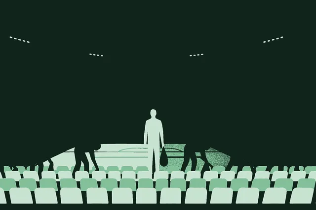 A wide dimming stadium scene after the final whistle, silhouetted figures bent over picking up bags from the seats in near-darkness, the vast empty stands receding into deep forest shadow, with a single sage green bag held by a lone upright figure in the middle ground.