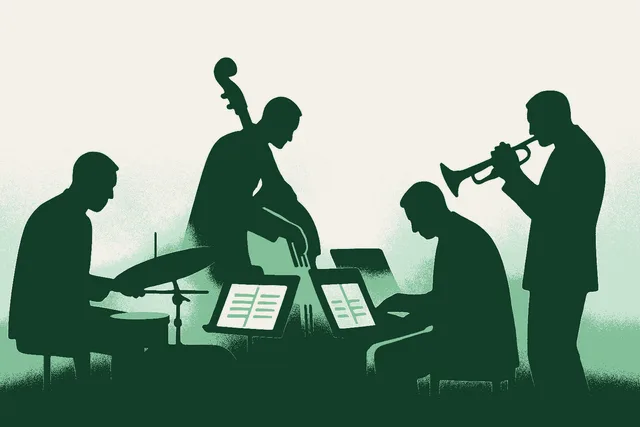 A jazz quartet playing together in silhouette, drummer, bassist, pianist and trumpet player all leaning into the same moment, with music stands holding open charts between them. Rendered in warm cream, sage, and deep forest green.